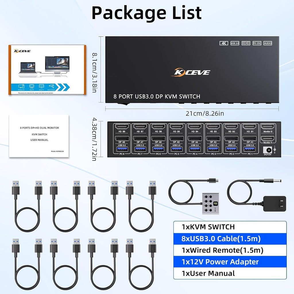 8 Port HDMI Displayport KVM Switch 2 Monitors 8 Computers 4K@60Hz EDID Simulation,8 PC Dual Monitor KVM Switch with 4 USB 3.0 Ports,Audio,RS232,with Wired Remote,12V Power Adapter and 8 USB Cable