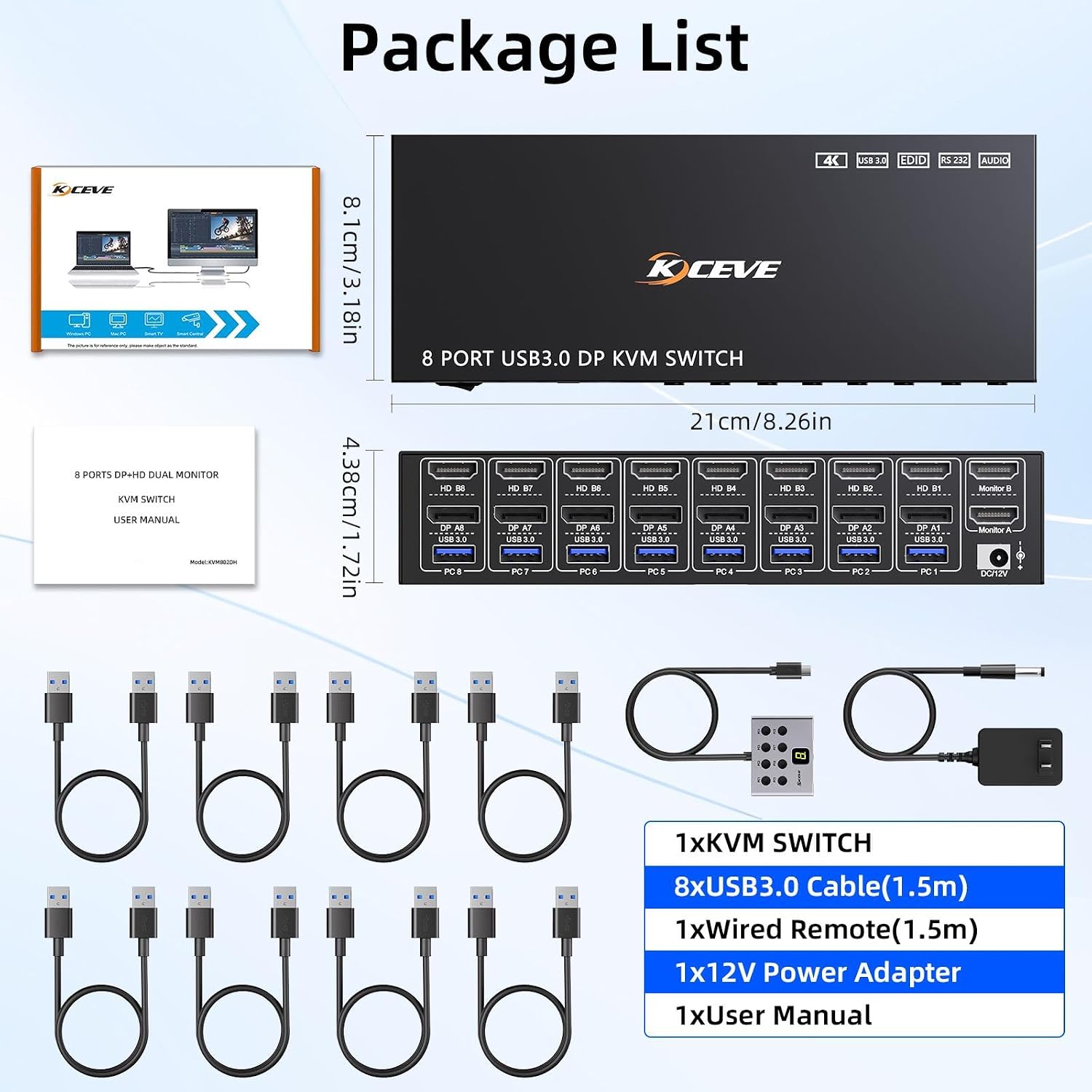 8 Port HDMI Displayport KVM Switch 2 Monitors 8 Computers 4K@60Hz EDID Simulation,8 PC Dual Monitor KVM Switch with 4 USB 3.0 Ports,Audio,RS232,with Wired Remote,12V Power Adapter and 8 USB Cable