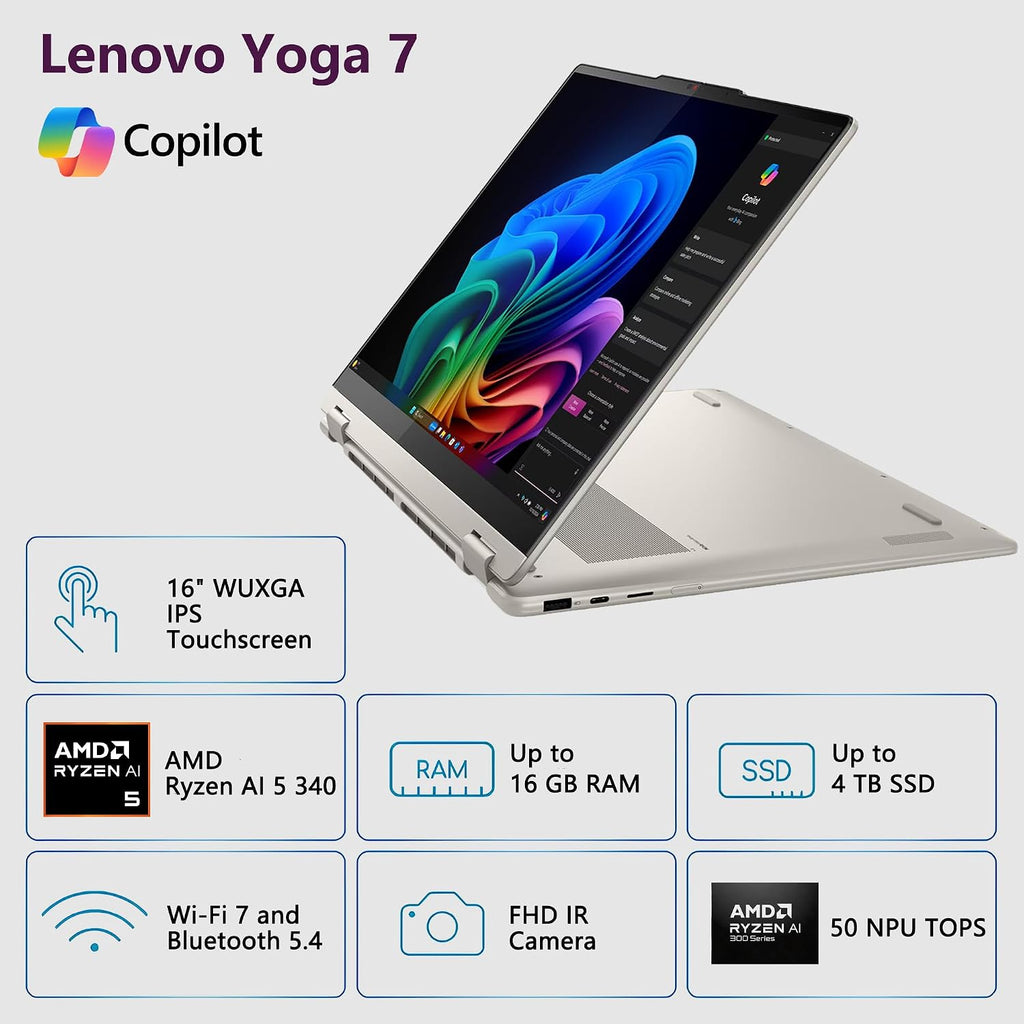 Lenovo Yoga 7 2-in-1 AI PC Laptop | 16' WUXGA IPS Touch | AMD Ryzen AI 5 340 (Up to 50 Tops) | 16GB DDR5 2TB SSD | for Creator Business Professional Wi-Fi 7 Stylus Win11 Pro w/DLCA Accessory