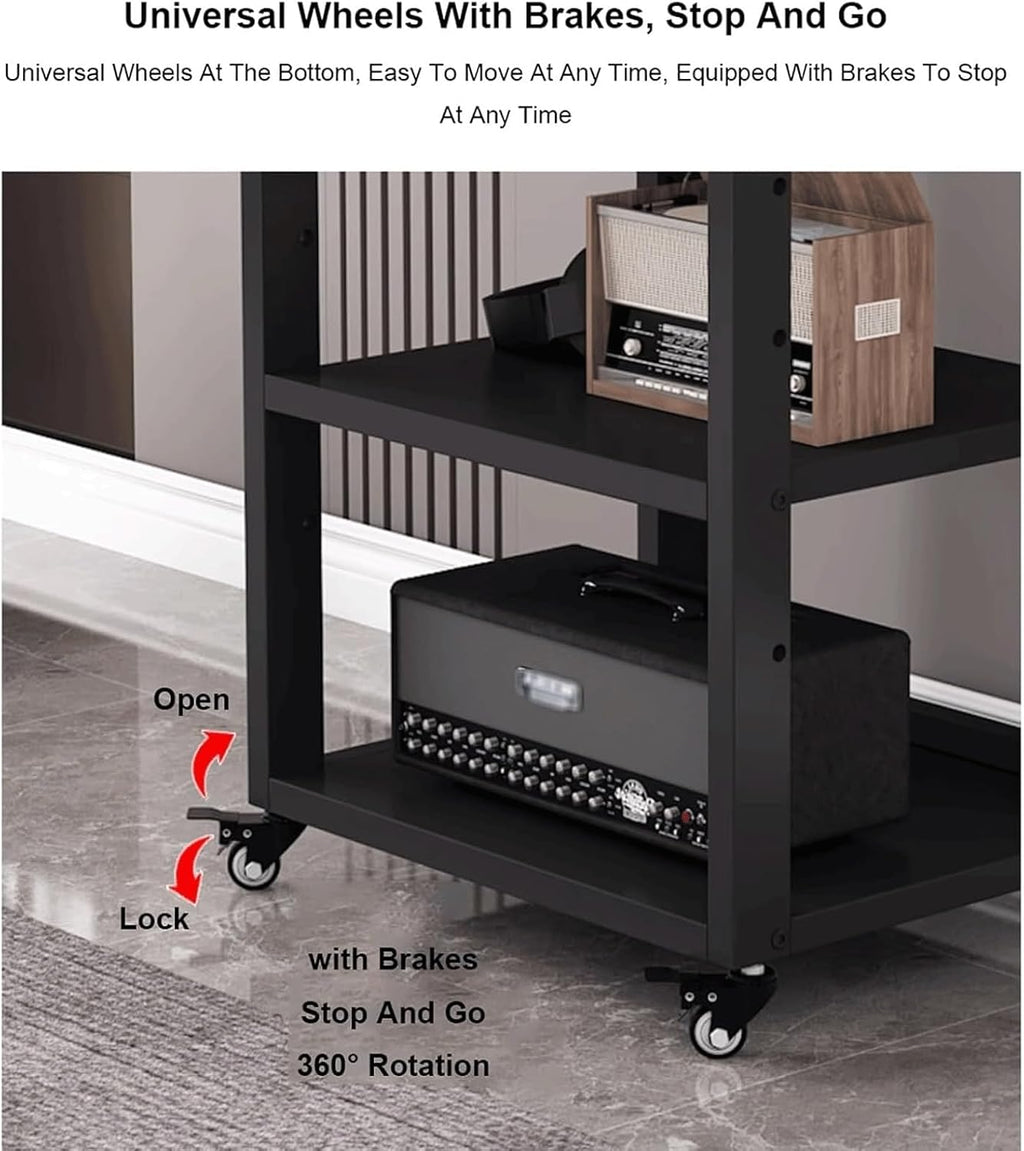 Audio Rack 6 Tier Stereo Rack Adjustable Audio Equipment Rack Audio Open HiFi Rack Wooden Movable Audio-Video Shelving with Wheels(Nero)