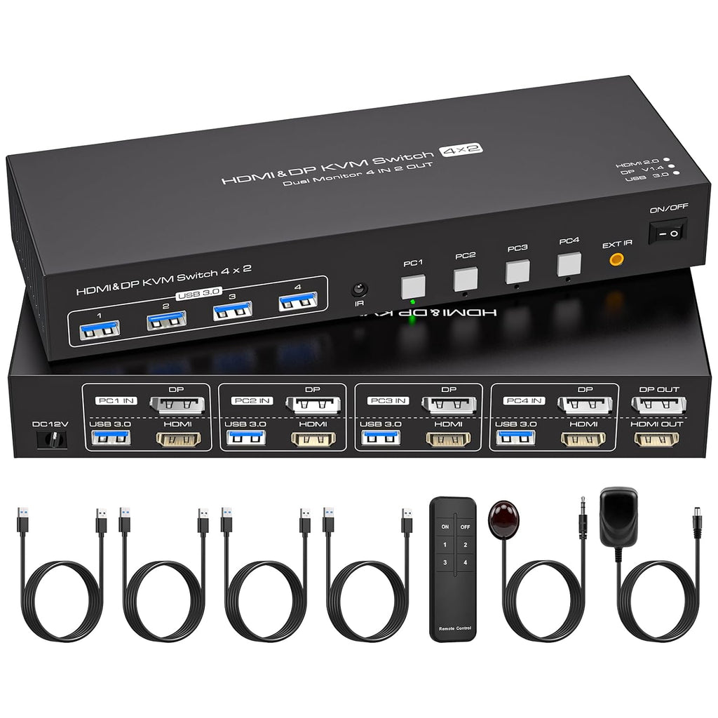 HDMI Displayport KVM Switch 4 Computers 2 Monitors 4K 60Hz 2K 120Hz 4 Port Dual Monitor KVM Switches for 4PC Share Four USB Device Support Copy and Extend Mode Includes Some Accessories