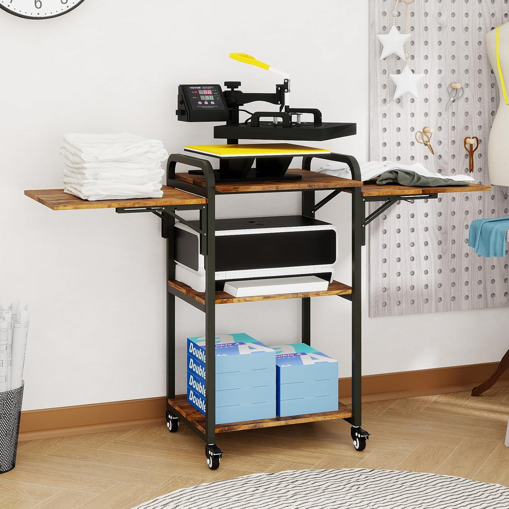 PUNCIA 3 Tier Movable Heat Press Table Foldable Heat Transfer Machine Stand Heavy Duty Rolling Workbench with Folding Table for DIY Sublimation Transfer Machine Metal Shelf Storage Organization