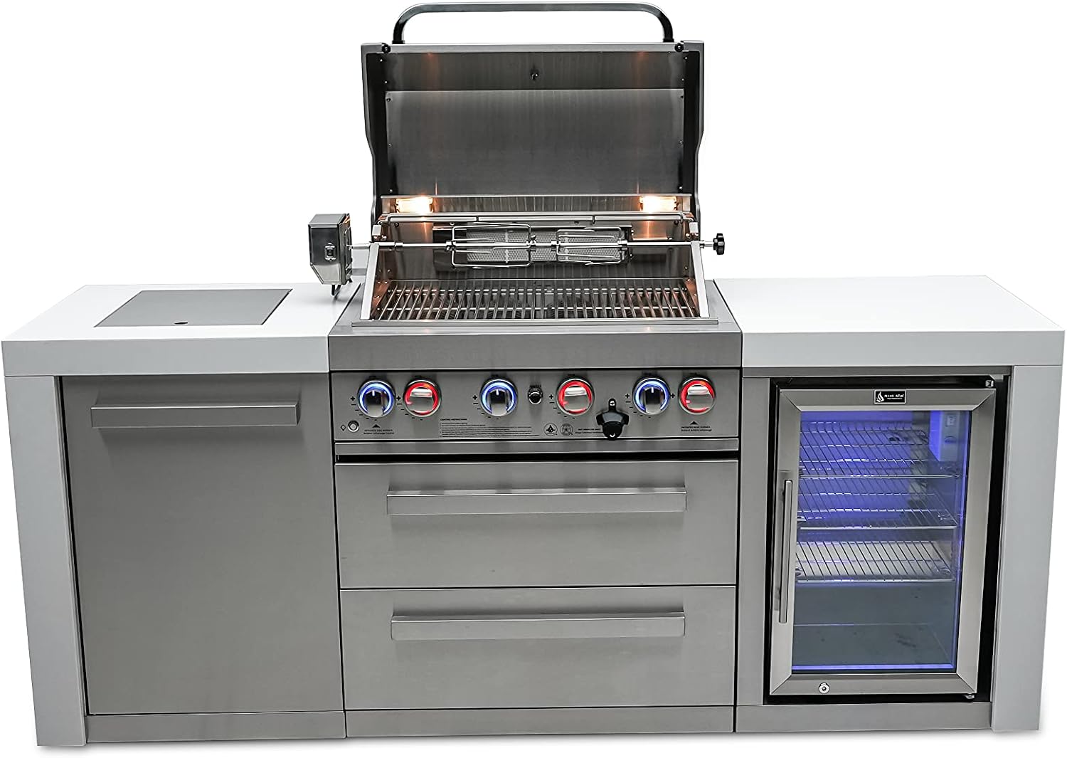 Mont Alpi Deluxe Series Stainless Steel 82'W x 23'D Modular Outdoor Kitchen Island + Side Burner + Refrigerator + 32'W 4-Burner BBQ Gas Grill + White Granite Countertops + Storage Cabinets & Drawers