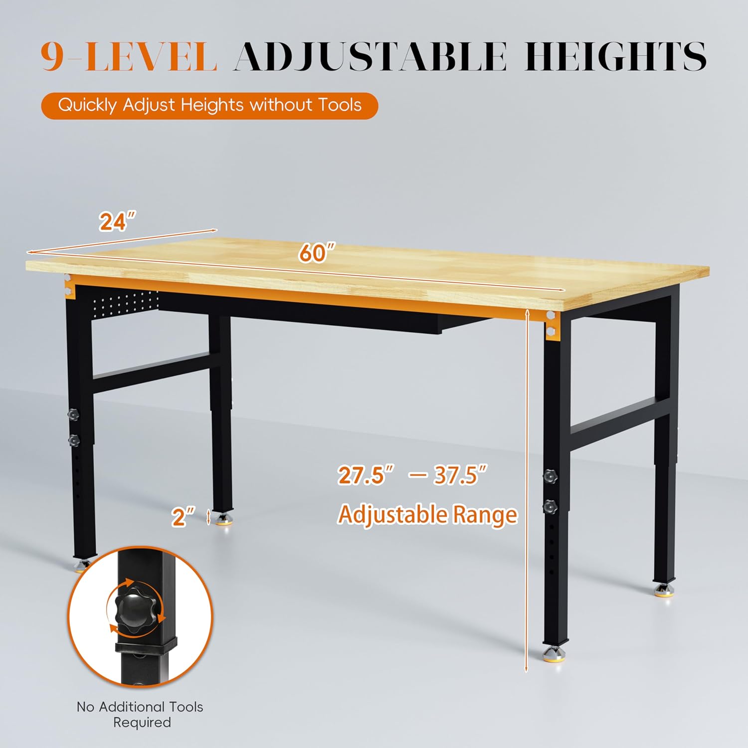 Betterhood 60' Adjustable Height Workbench, 2000 LBS Heavy Duty Work Table with Power Outlets & Pegboard, Rubber Wood Workstation for Garage, Workshop, Office, Home, Commercial