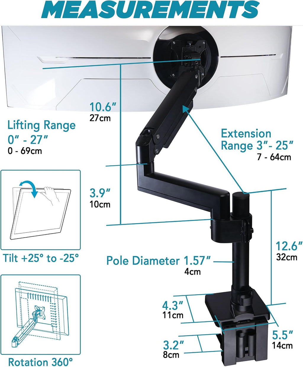 ULTRARM Heavy Duty Monitor Arm for Ultrawide Monitors up to 57' and 44 lbs, Single Desk Stand, Pneumatic Height Adjustable, Modular Extension Arms - Max VESA 100x100, Black, MA20P-S