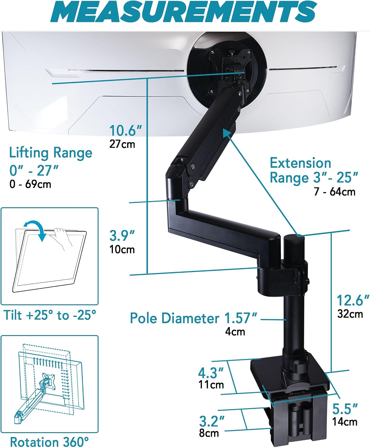 ULTRARM Heavy Duty Monitor Arm for Ultrawide Monitors up to 57' and 44 lbs, Single Desk Stand, Pneumatic Height Adjustable, Modular Extension Arms - Max VESA 100x100, Black, MA20P-S