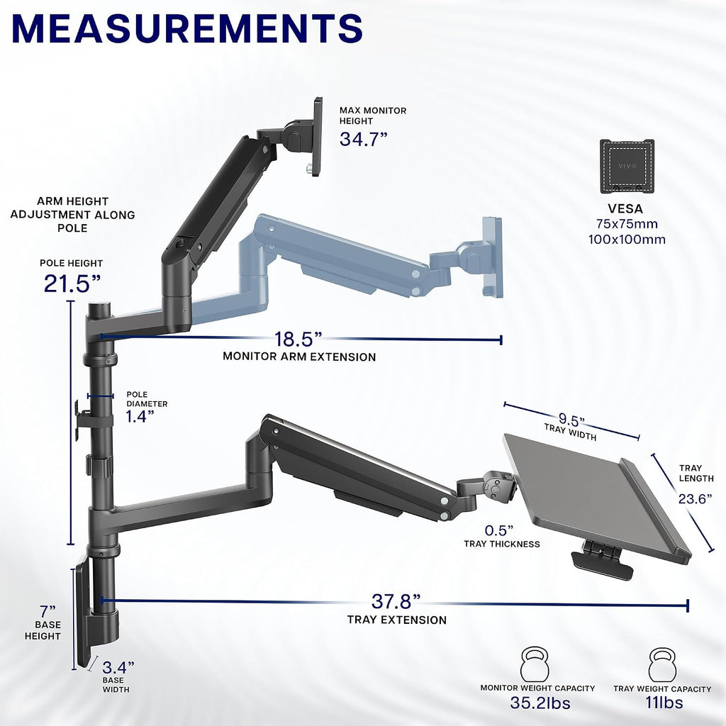 VIVO Sit-Stand Heavy Duty Ultrawide Monitor Wall Mount for Screens up to 49 inches with Height Adjustable Keyboard and Mouse Tray, Pneumatic Arm Computer Workstation, MOUNT-V120KB35C