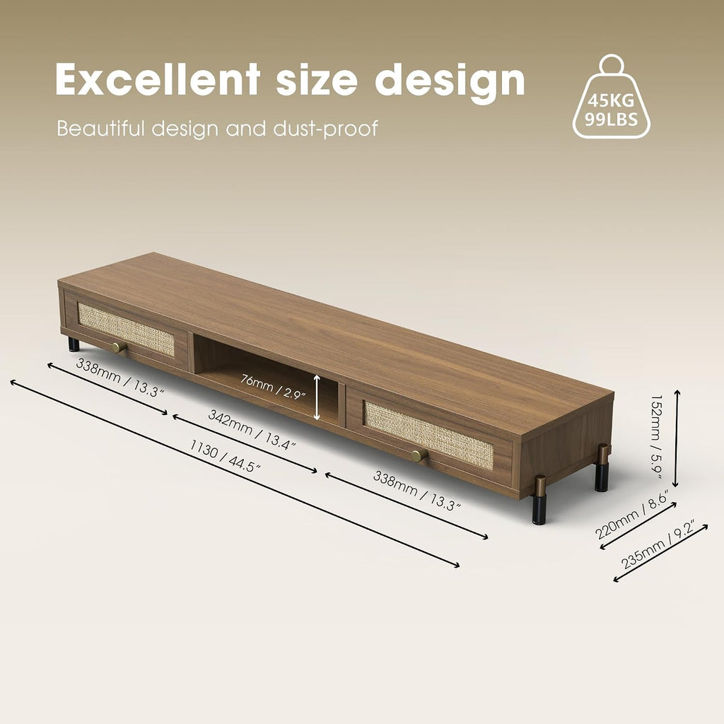 Fenge Dual Monitor Stand for Desk - Long Wooden Riser With Rattan Woven Drawer, 2 Tier Desk Shelf for 2 Monitors, Vintage Computer Stand for Laptop, Printer, TV