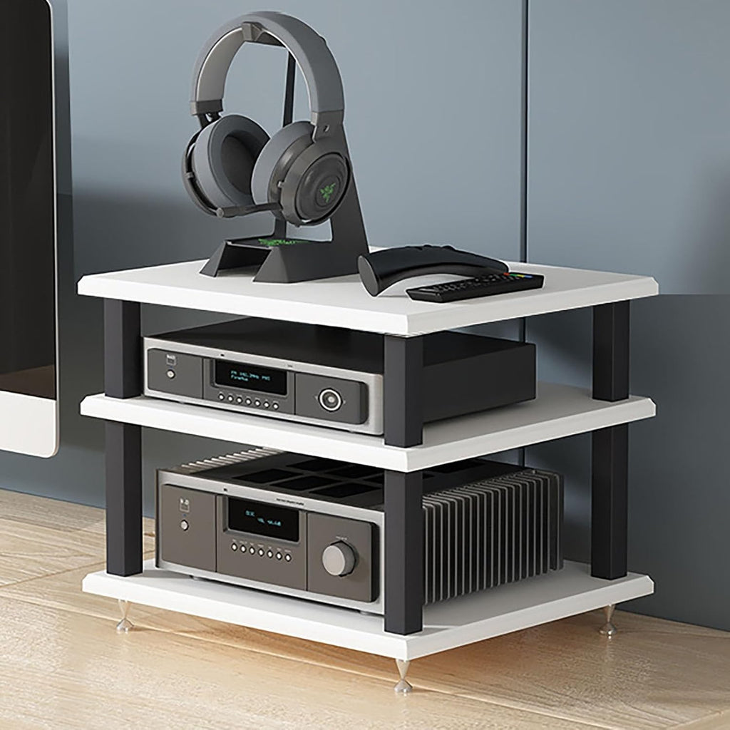 Small AV Component Stand - Portable Media Storage Rack, Stereo Tower Shelf with Metal Carbon Steel Frame for Audio/Video Equipment, Desktop Use (White, H25cm/9.8in)