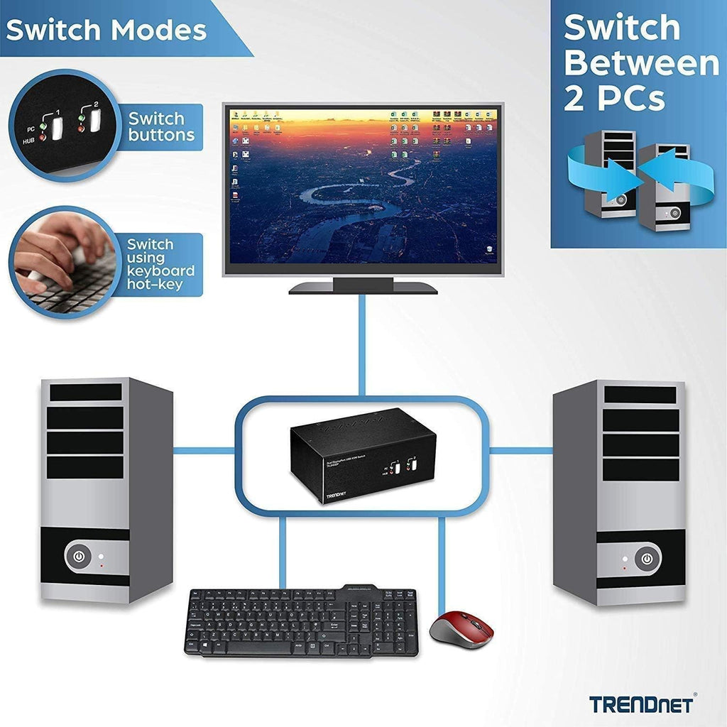 TRENDnet 2-Port 4K Dual Monitor DisplayPort KVM Switch with Audio, TK-240DP, 2560 x 1440 @ 144Hz, 2-Port USB 2.0 Hub, Connect Two Monitors, NDAA + TAA Compliant, Black