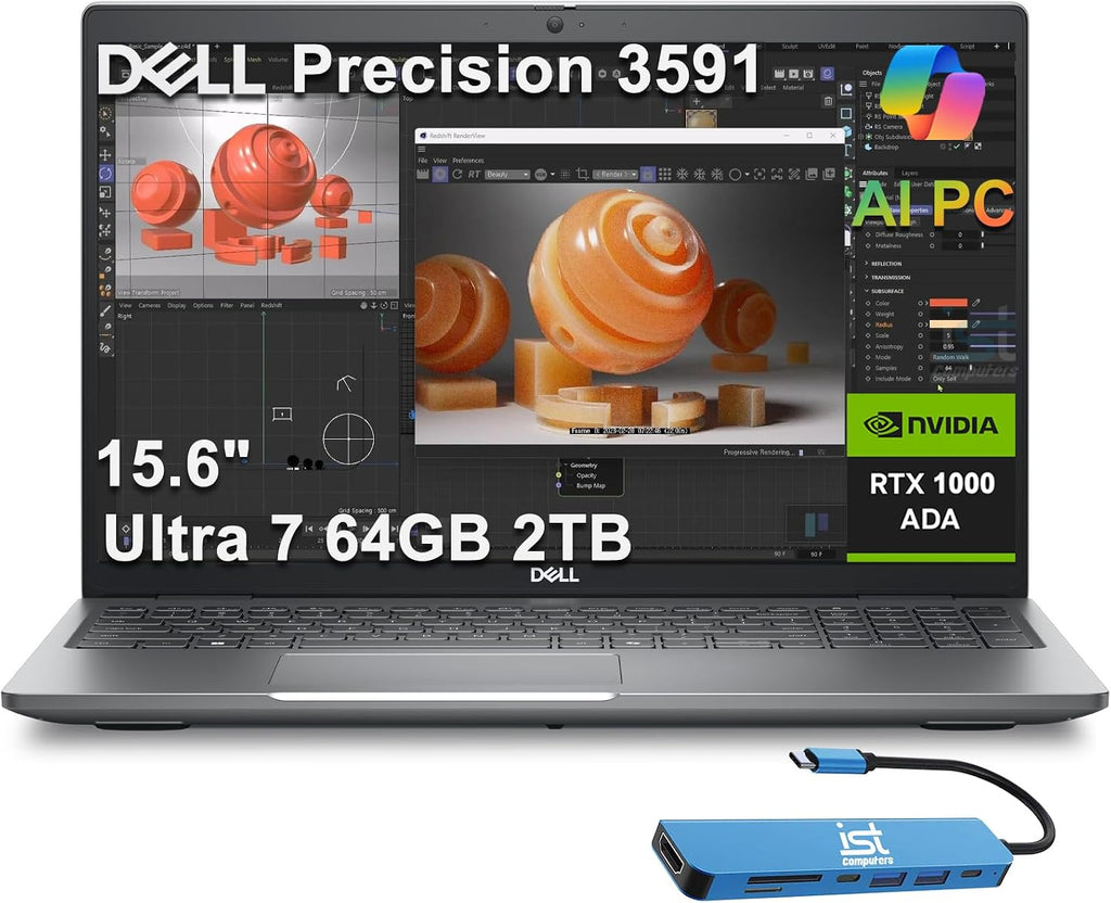 Dell Precision 3591 Mobile Workstation AI PC Laptop (15.6' FHD, Intel 16-Core Ultra 7 165H, 64GB DDR5 RAM, 2TB SSD, NVIDIA RTX 1000 Ada 6GB) for Business, Engineer, Thunderbolt 4, IST HUB, Win 11 Pro