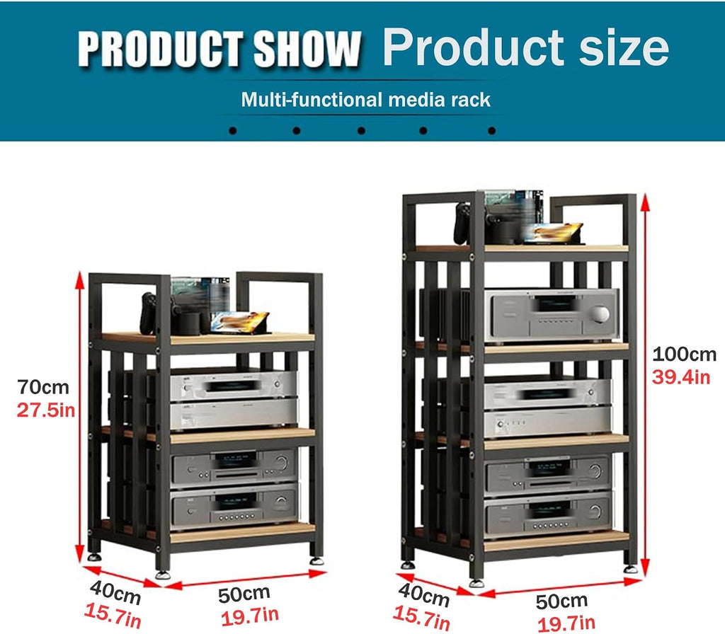 4-tier Media Stand Audio-video Shelving Stereo Console Stand Tower Rack Wooden Cabinet Open-Ended Electronics Equipment Shelf with Height Adjustable Shelves for TV Box/DVD Player Gaming Rec Room(Black