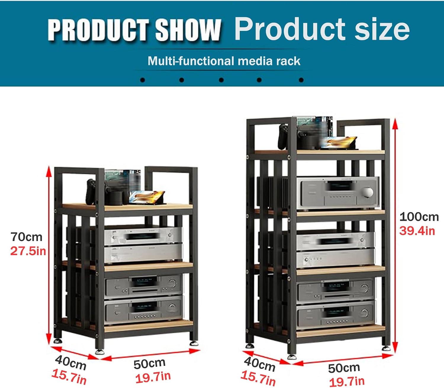 4-tier Media Stand Audio-video Shelving Stereo Console Stand Tower Rack Wooden Cabinet Open-Ended Electronics Equipment Shelf with Height Adjustable Shelves for TV Box/DVD Player Gaming Rec Room(Black
