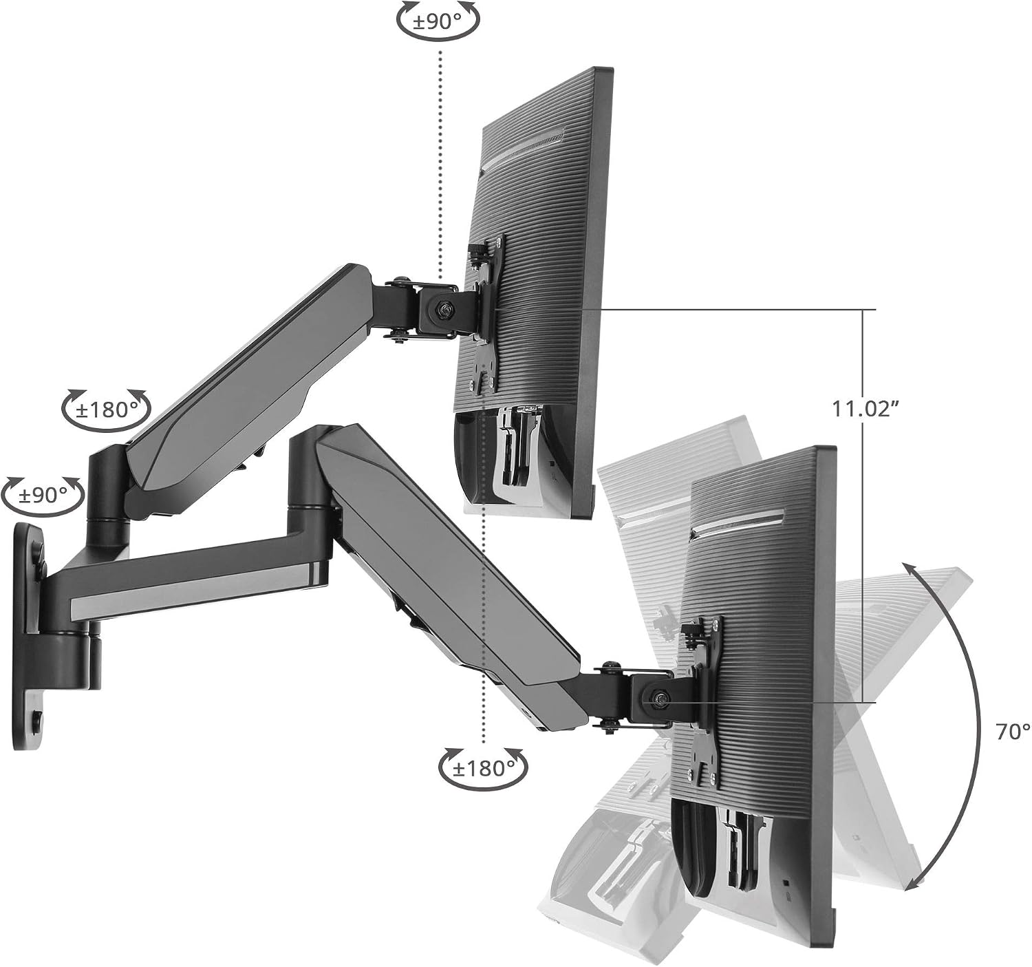 SIIG Dual Arm Monitor Wall Mount for 17' to 32' Screens, Up to 17.6lbs per Monitor, Heavy Duty Aluminum Gas Spring with Rotation, Tilt, Swivel, VESA 75x75 or 100x100 (CE-MT2M12-S1)