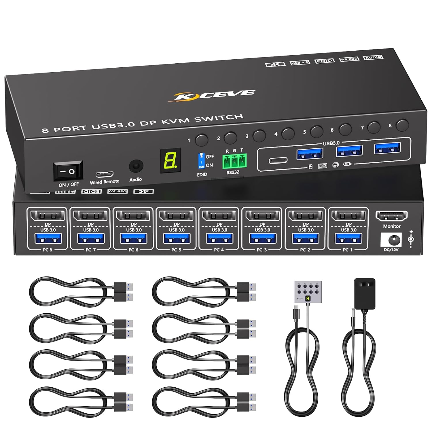 8 Port HDMI Displayport KVM Switch 2 Monitors 8 Computers 4K@60Hz EDID Simulation,8 PC Dual Monitor KVM Switch with 4 USB 3.0 Ports,Audio,RS232,with Wired Remote,12V Power Adapter and 8 USB Cable