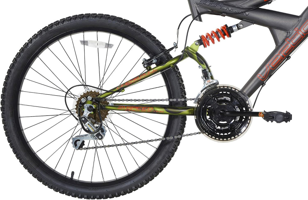 Dynacraft Vertical Gauntlet 24 Inch Bike, Teenager Bicycle Age 13-17, Mountain Bike for Men, 21 Speed Shimano Gear Shifters, Full Suspension, Adult Bicycle, Trail Ready Design
