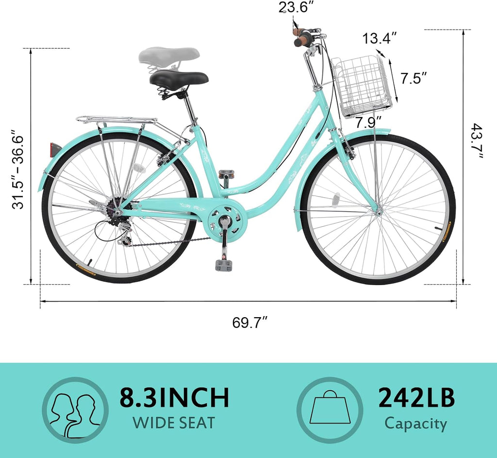 CamPingSurvivals 26' Beach Cruiser Bike, Commuter Bicycle, 7 Speed/Linear Pull Brakes/Widen Seat Men & Women Bike, Adult and Teens Bicycle for Urban Commuter