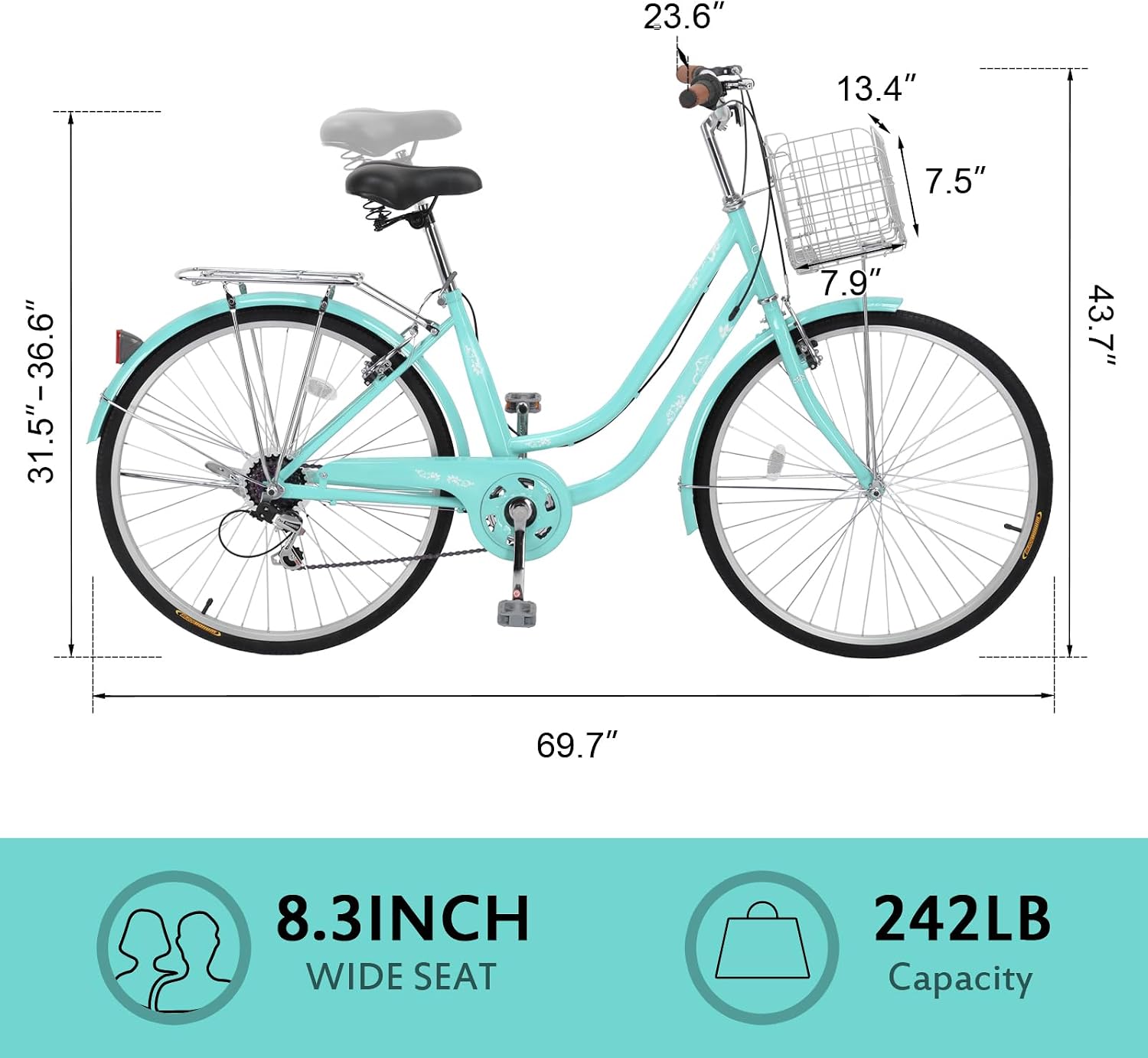 CamPingSurvivals 26' Beach Cruiser Bike, Commuter Bicycle, 7 Speed/Linear Pull Brakes/Widen Seat Men & Women Bike, Adult and Teens Bicycle for Urban Commuter