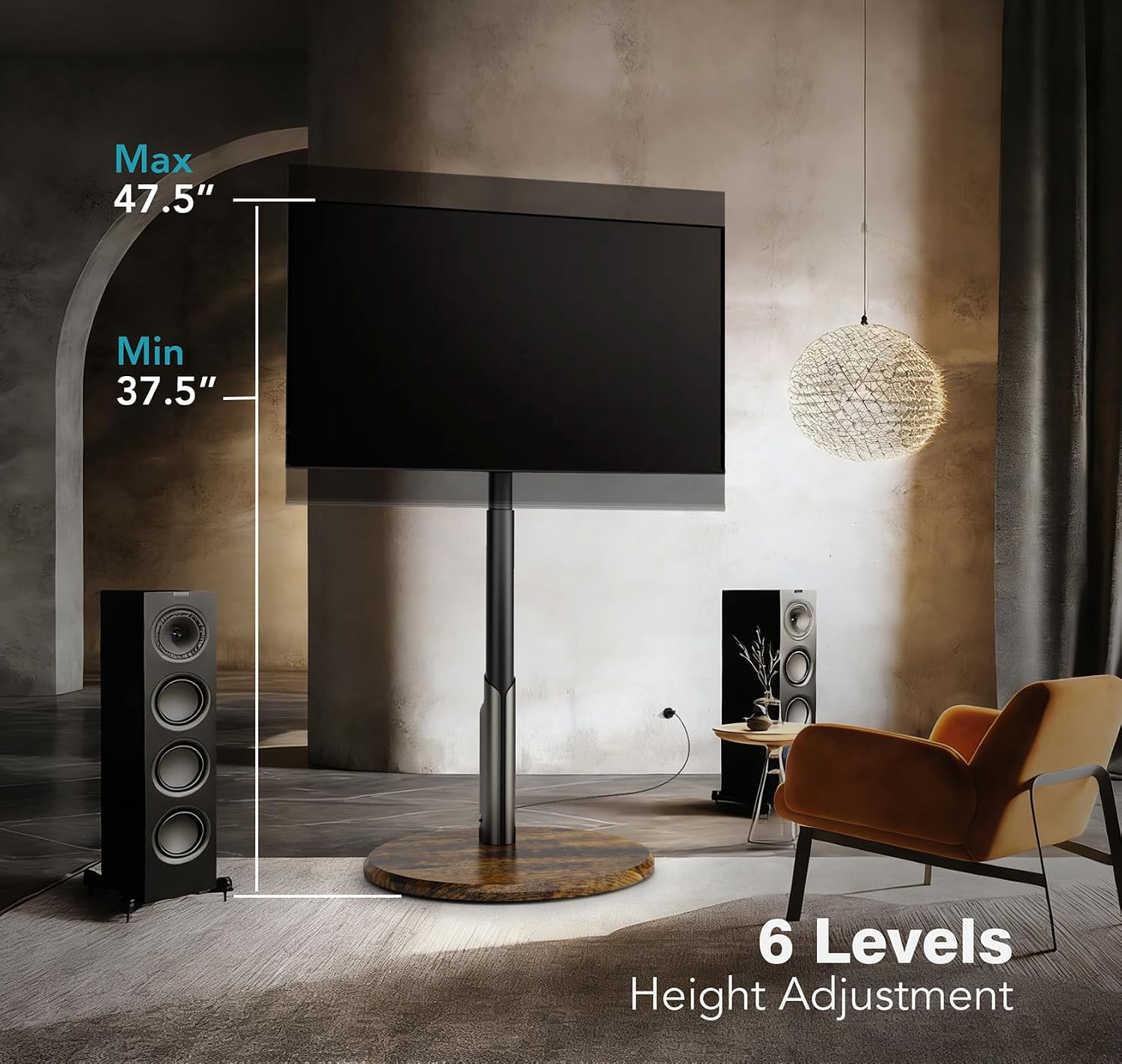 Mobile TV Stand with Power Outlet, Rolling TV Cart for 27-65 Inch OLED LED Monitors, 6 Levels of Height Adjustment, Ambient RGB Lighting on The Bottom Wheels Holds up to 88lbs