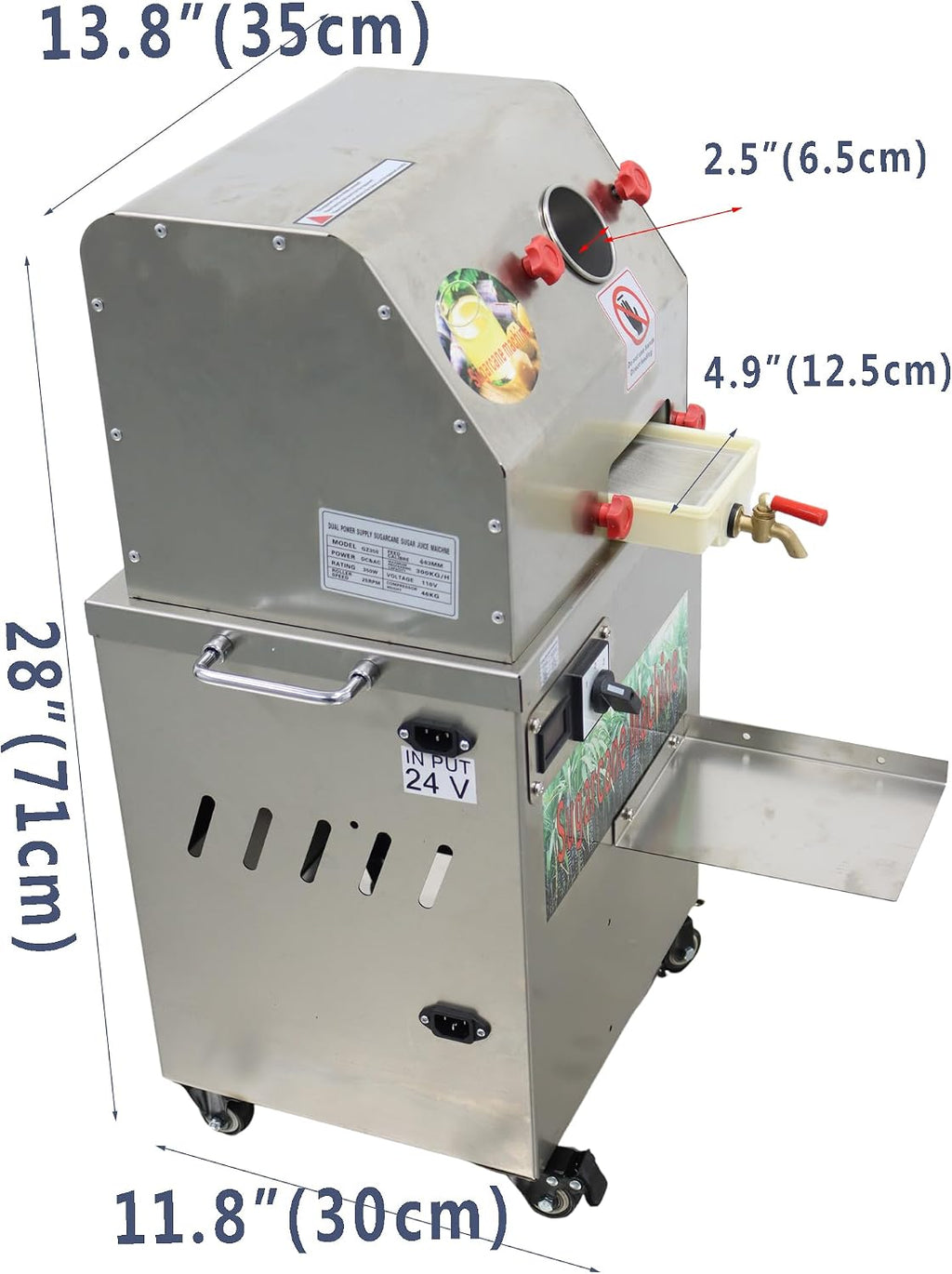 TECHTONGDA 24V DC or 110V AC Electric Sugar Cane Juicer Press Machine, Vertical Sugarcane Press, Stainless Steel Rollers Sugarcane Juice Extractor with Transformer and Wheels for Commercial Juicing