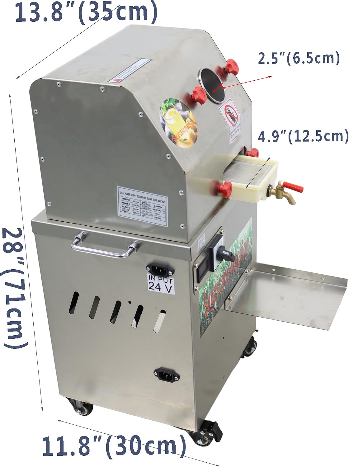 TECHTONGDA 24V DC or 110V AC Electric Sugar Cane Juicer Press Machine, Vertical Sugarcane Press, Stainless Steel Rollers Sugarcane Juice Extractor with Transformer and Wheels for Commercial Juicing