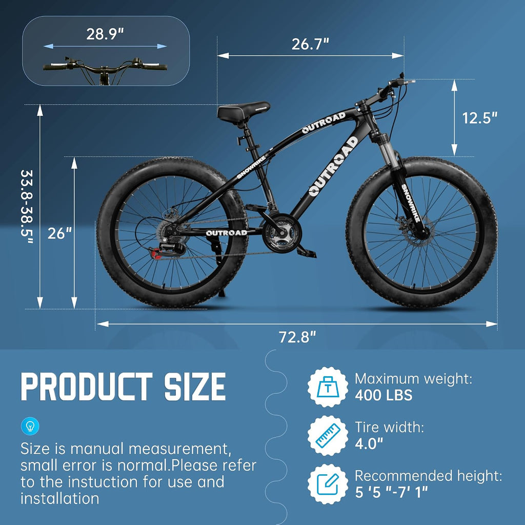 26' Fat Tire Mountain Bike with 4 inch Knobby Tires, 21 Speed MTB with Dual Disc Brake for Adults, Anti-Slip Bicycle, Black, White, Blue&Purple