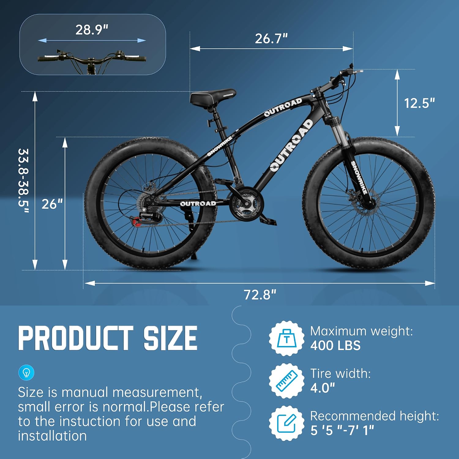 26' Fat Tire Mountain Bike with 4 inch Knobby Tires, 21 Speed MTB with Dual Disc Brake for Adults, Anti-Slip Bicycle, Black, White, Blue&Purple