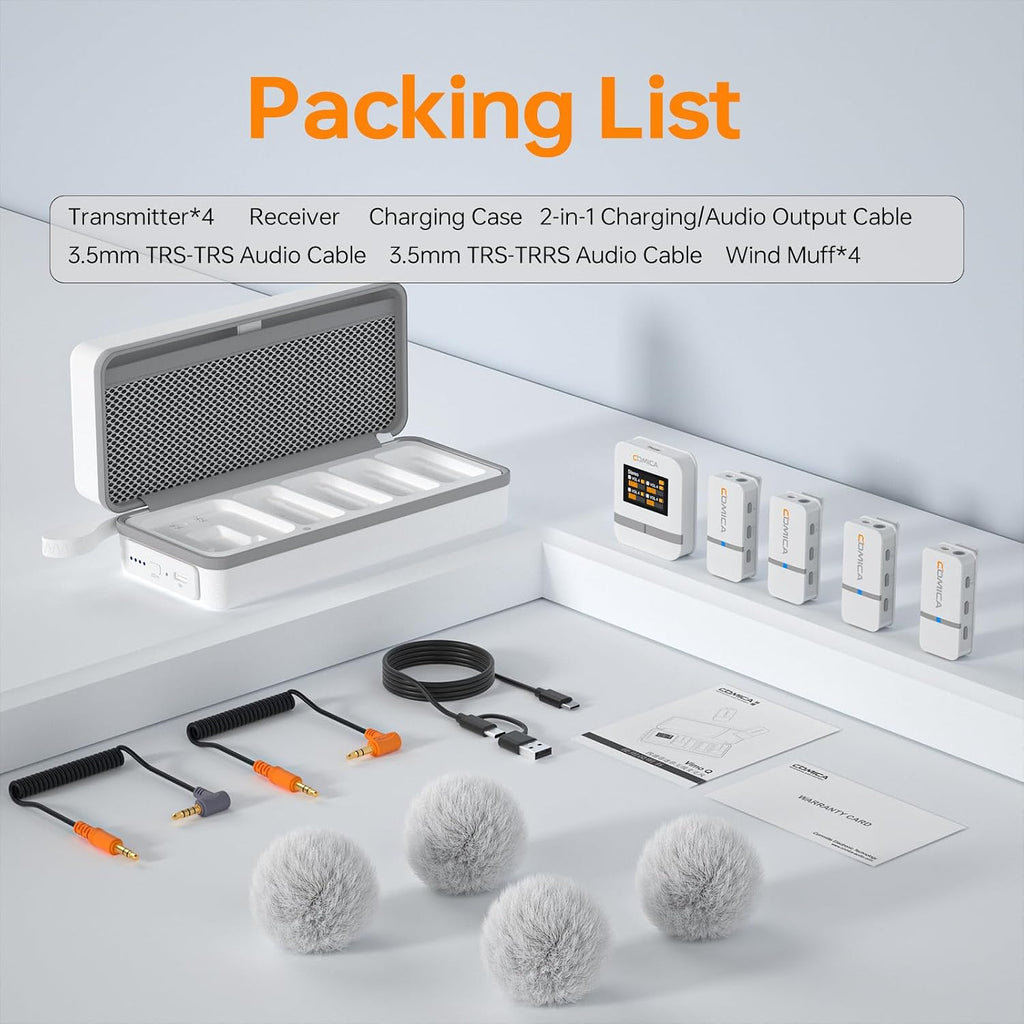 COMICA Vimo Q 4 Channel Wireless Lavalier Microphone System with Noise Cancellation, 4 Audio Tracks Output, 656ft Range, Wireless Mic for DSLR Camera, iPhone, Android,Recording Livestream(White)