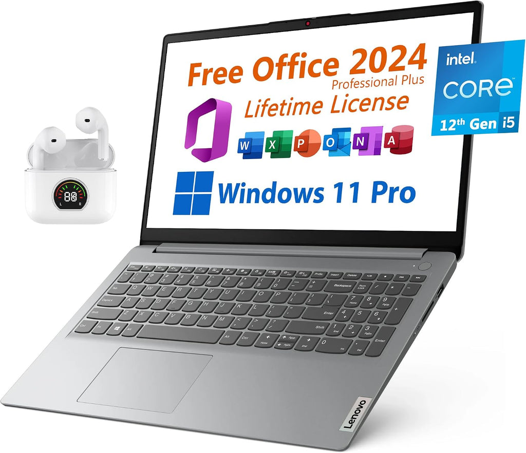 Lenovo 15.6' Business Laptop, Free Office 2024 with Lifetime License, FHD Display, Intel 10-Core i5-1235U Upto 4.4 GHz, 8GB RAM, 512GB SSD, WiFi 6, 7 Hrs Battery, Windows 11 Pro, Toree Earbuds