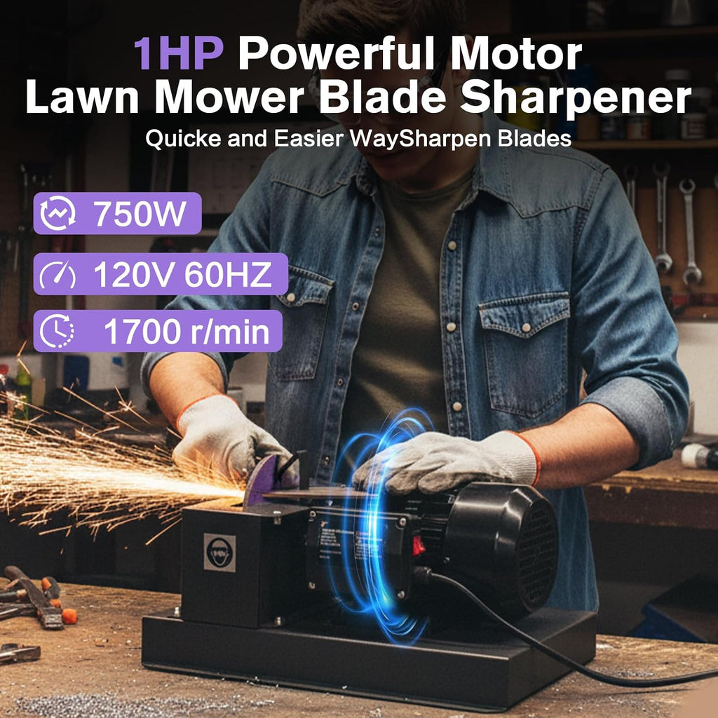 Lawn Mower Blade Sharpener, 1HP 750W Lawnmower Blade Grinder with 9-inch Rust-Proof Grinder Tool, 2 Sanding Paper & Bracket, Compact Workbench Sharpening for Durable Blades