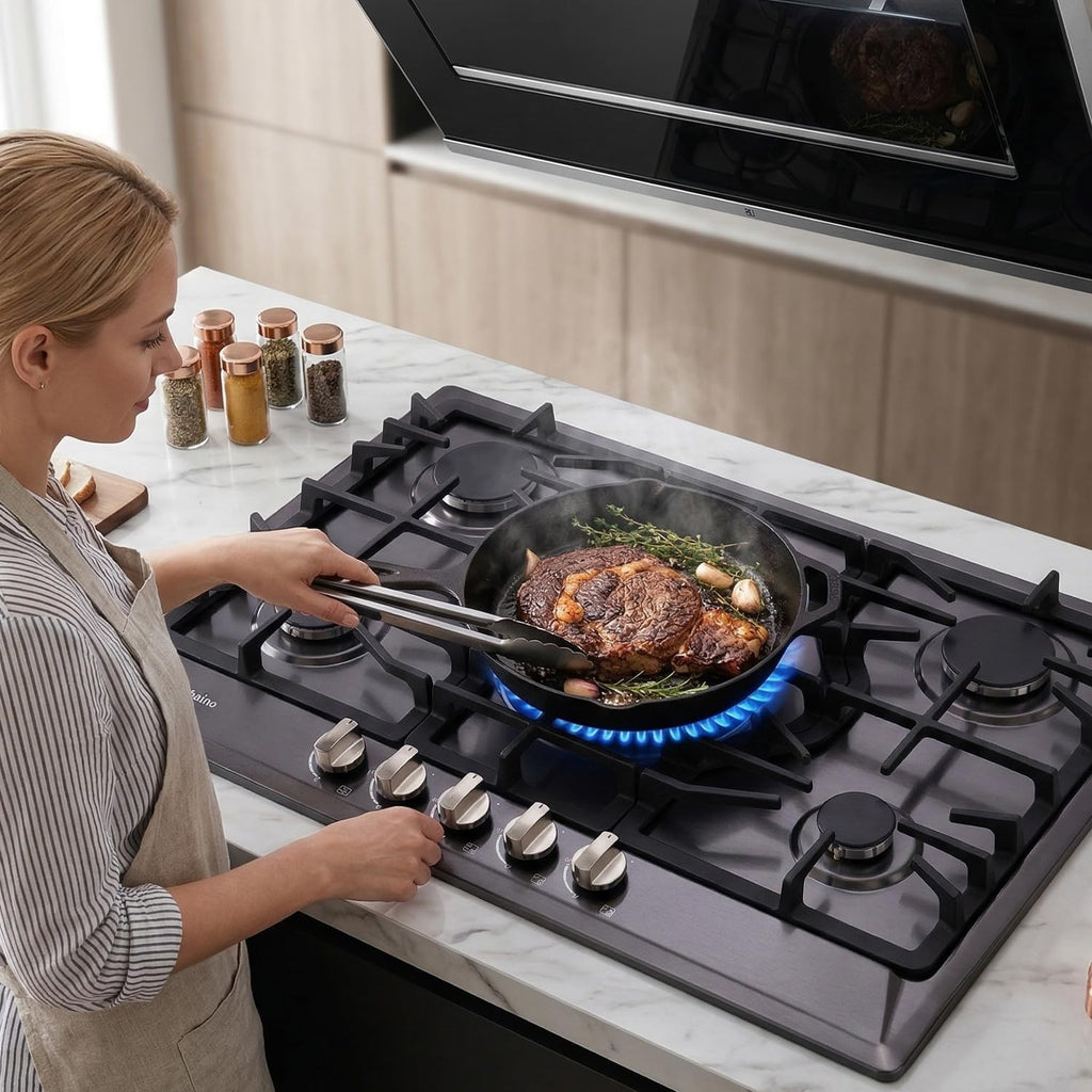 Gas Cooktop 30 Inch, Built-in 5 Burners Gas Stovetop Stainless Steel LPG/NG Convertible Gas Stove Dual Fuel Sealed Gas Cooktop - Black