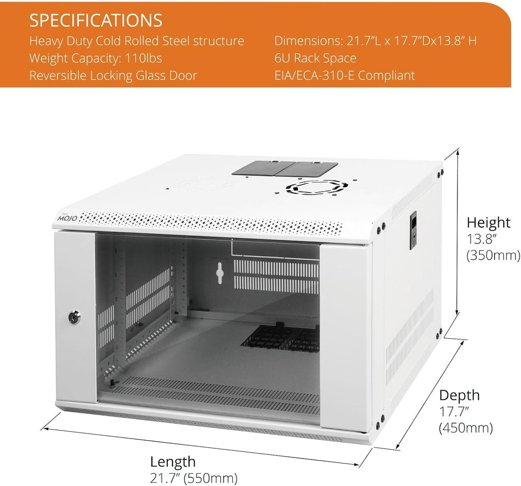 Tecmojo 6U Wall Mount Rack Network Cabinet for 19' IT Equipment,with Lockable Glass Door and Side Panels,Cooling Fan,17.7inch Depth,White