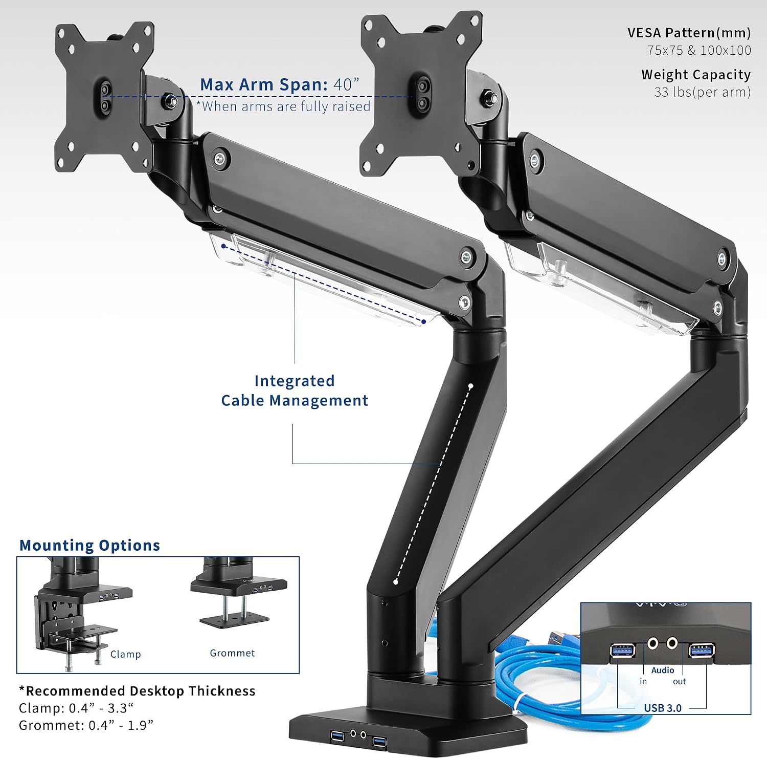 VIVO Premium Aluminum Heavy Duty Arms, Fits 2 Ultrawide Monitors up to 38 inches, Widescreen Dual Monitor Desk Mount with Instant Pneumatic Spring Height Adjustment VESA Stand, USB 3.0, STAND-V102G2U