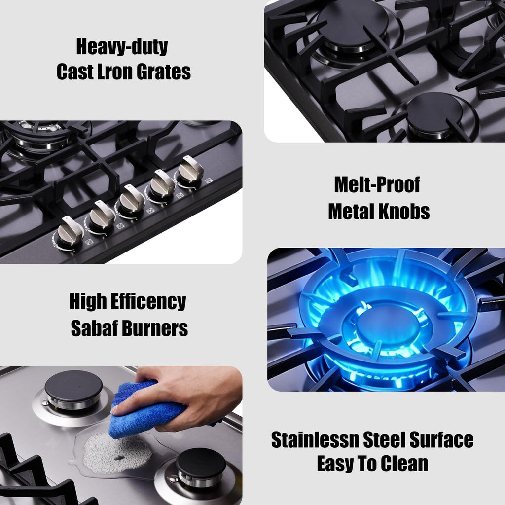 Gas Cooktop 30 Inch, Built-in 5 Burners Gas Stovetop Stainless Steel LPG/NG Convertible Gas Stove Dual Fuel Sealed Gas Cooktop - Black