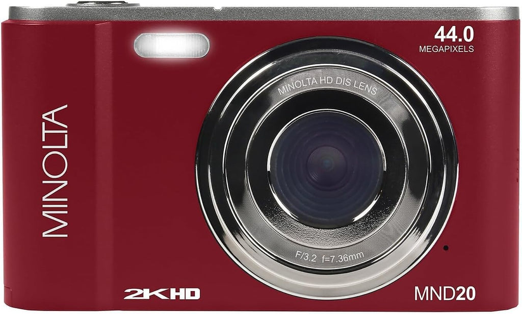 Minolta MND20 44 MP 2.7K Quad HD Digital Camera (Red) Bundle with 32GB Memory Card + 12 Inch Flexible Vlogging Tripod + Memory Card Wallet + USB Card Reader + More