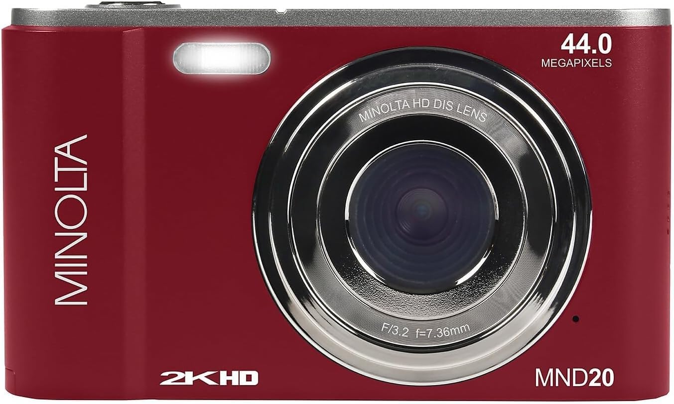 Minolta MND20 44 MP 2.7K Quad HD Digital Camera (Red) Bundle with 32GB Memory Card + 12 Inch Flexible Vlogging Tripod + Memory Card Wallet + USB Card Reader + More