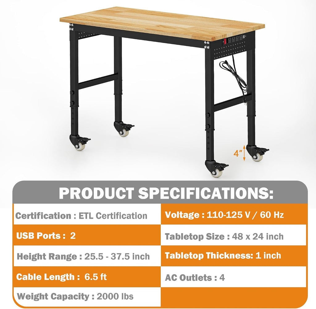 Betterhood 48' Adjustable Workbench on Wheels, Rubber Wood Heavy Duty Workstation with Power Outlets&2 Pegboards, 2000 Load Capacity Hardwood Worktable for Workshop, Garage, Office, Home, Commercial