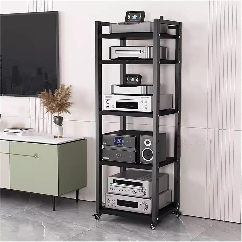 Tall Stereo Racks And Stands on Wheels Media Storage Cabinet Rack, Black Modern Entertainment Stereo Components Stand, Audio Video Equipment Rack（5 tier-50cm wide）