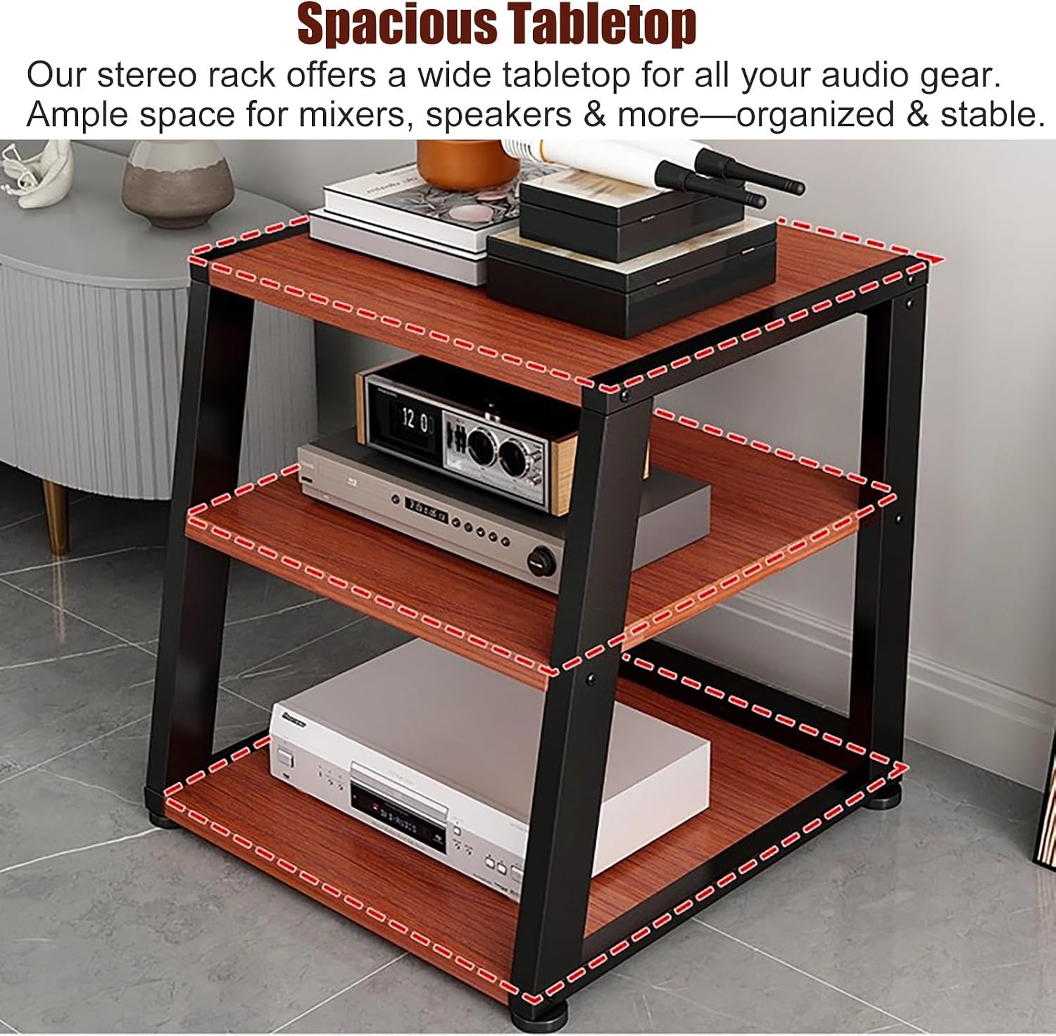 Audio-Video Media Stand HiFi Rack System with Wheels, 2 3 4 5 Shelf Floor-Standing Stereo Component Stand Electronics Equipment Shelf, Living Room Movable Audio Stands and Racks, Black-3 Layer