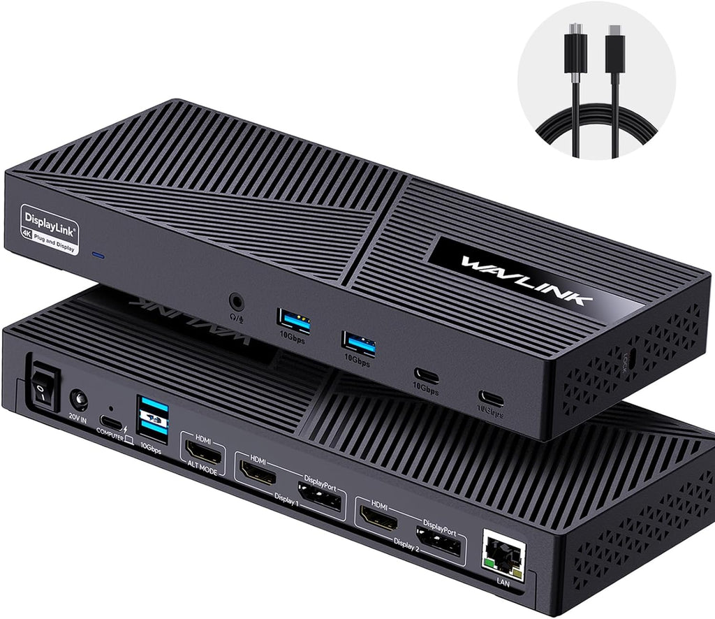 WAVLINK Displaylink Docking Station 3 Monitors with 130W Power Delivery, 10Gbps USB for MacBook (M1-M5, Neo) & Windows, USB-C(3 HDMI, 2 DisplayPort, 2 USB-C, 4 USB3.1, Ethernet, Audio)