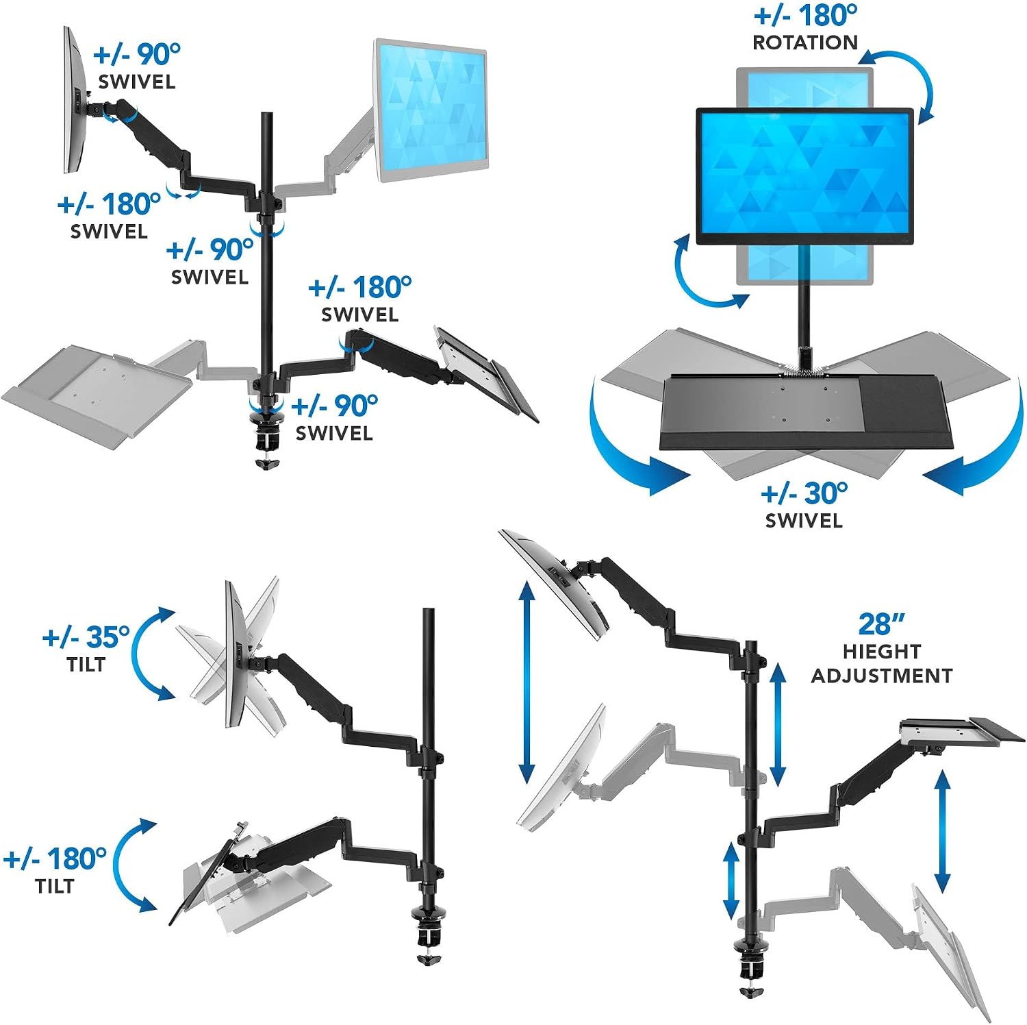Mount-It! Sit-Stand Monitor Arm Desk Mount with Keyboard Tray, Single Monitor Fits Up to 32', Height Adjustable Gas Spring, Full Motion Articulating Arm, Clamp or Grommet, Black