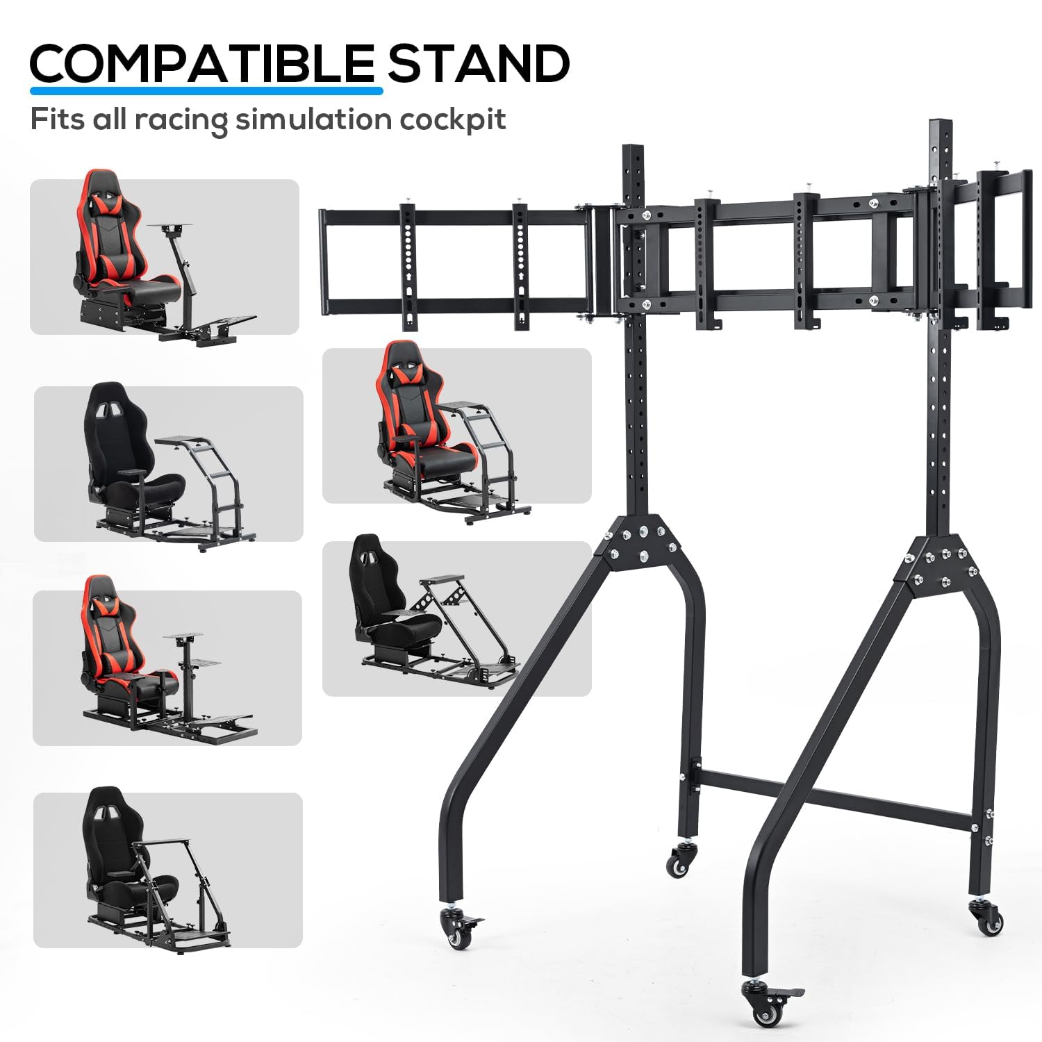 Anman Ultra-stable Triple Monitor Stand for Racing Simulator Cockpit 27-32 Inch Heavy Duty Triple Screen Mount With Casters and Punk Design
