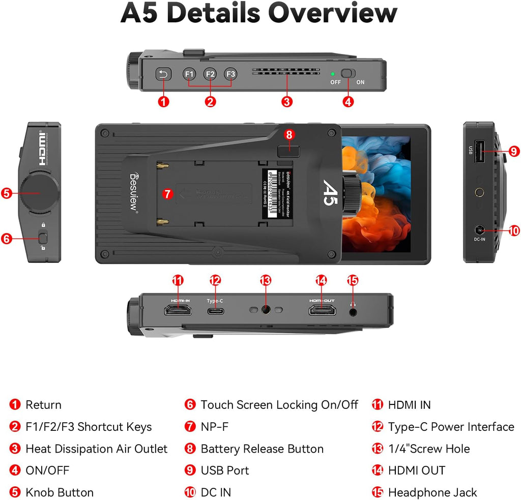 Desview A5 Touch Screen Camera Field Monitor 5.5' 600nits 4K/60Hz HDMI 2.0 in/Out External Camera Monitor for DSLR with HDR 3D LUT Full-Waveform Peaking Focus Assist, Sunshade & Carry Case Included