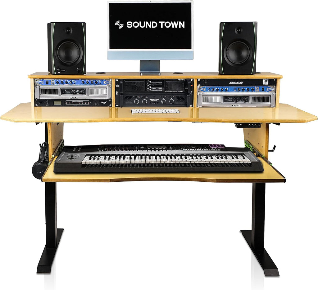 Sound Town DIY Music Studio Desk Workstation Furniture, Electric Height Adjustable, 3x4U Rack Space & Top Shelf, Sliding Piano Keyboard Tray, All Plywood, Golden Oak, (SDRK-SD1)