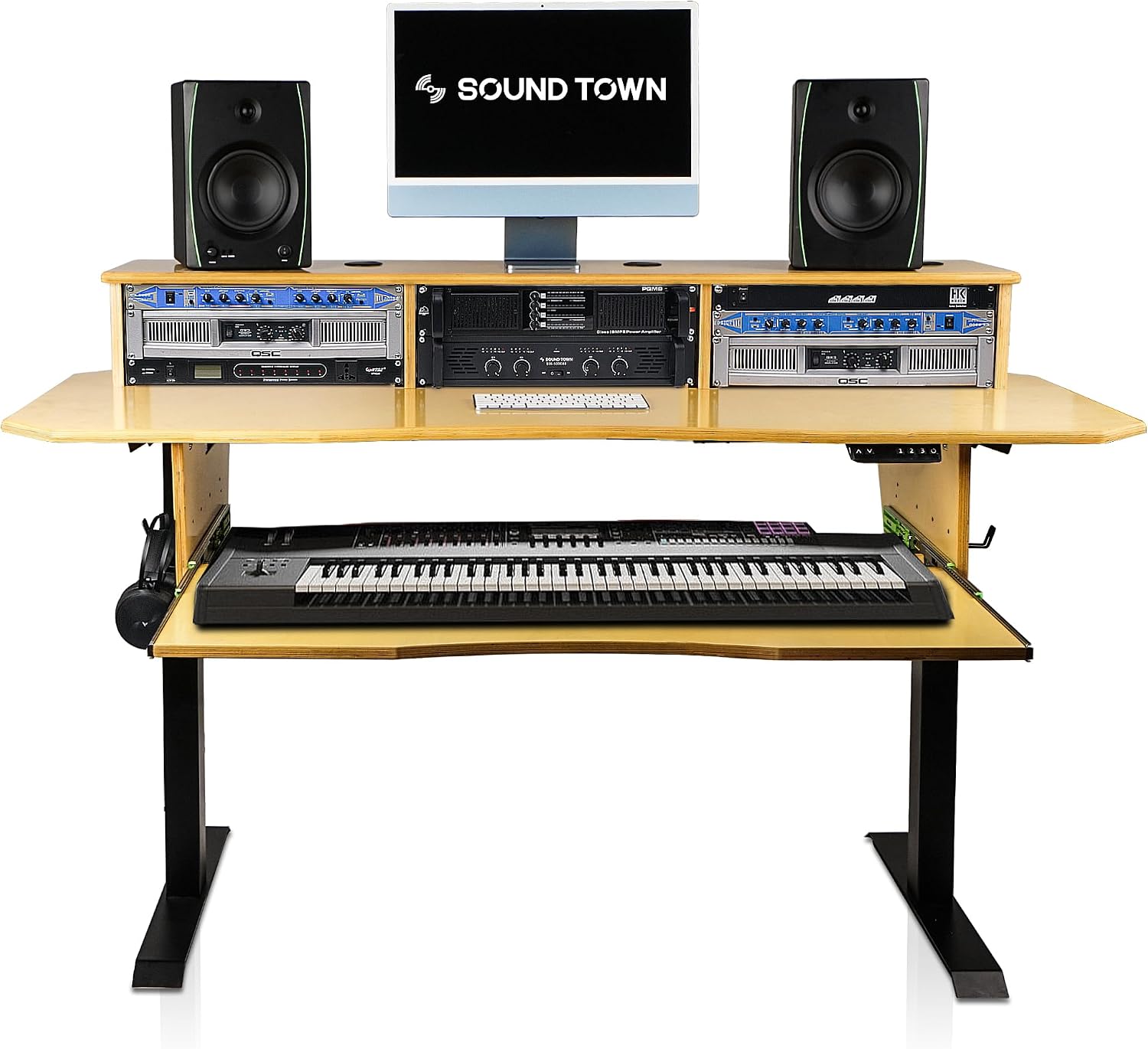 Sound Town DIY Music Studio Desk Workstation Furniture, Electric Height Adjustable, 3x4U Rack Space & Top Shelf, Sliding Piano Keyboard Tray, All Plywood, Golden Oak, (SDRK-SD1)