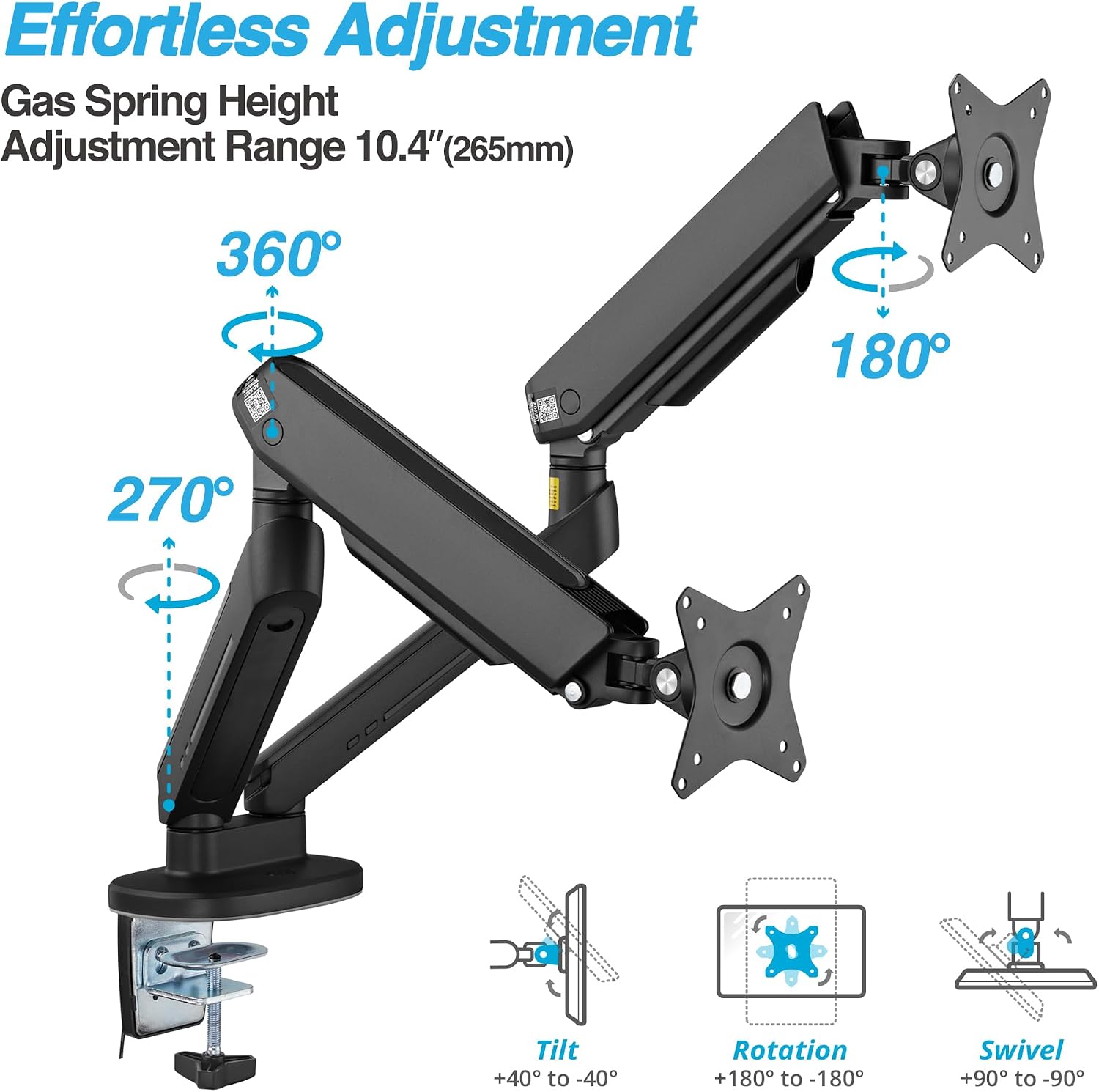 AVLT Dual 27'-43' RGB Gaming Monitor Arm Desk Mount Built-in 20 Lighting Modes Touch Button Control Fits Flat/Curved/Ultrawide Screen Height Swivel Tilt Rotation Adjustable Stand -Black