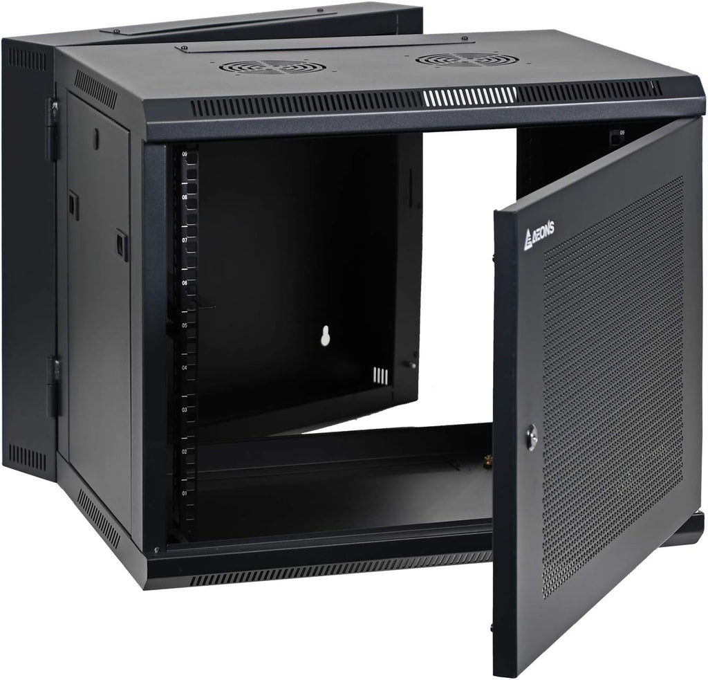 AEONS 9U Professional Wall Mount IT Cabinet Enclosure Double Section Hinged Swing Out 19-Inch Server Network Rack with Vented Door 22-Inches Deep Black (Fully Assembled)