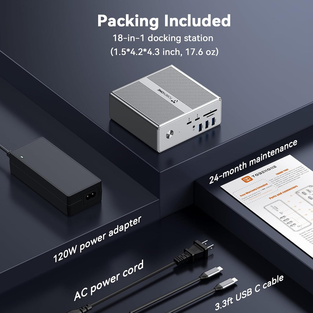 TobenONE DisplayLink Docking Station 4 Monitor with 4 HDMI, 18-in-1 Quad/Triple 4K@60Hz Display Dock with 120W Power Supply for Thunderbolt 5/4/3, USB4, USB-C Windows, MacBook(8 USB, Ethernet, etc)