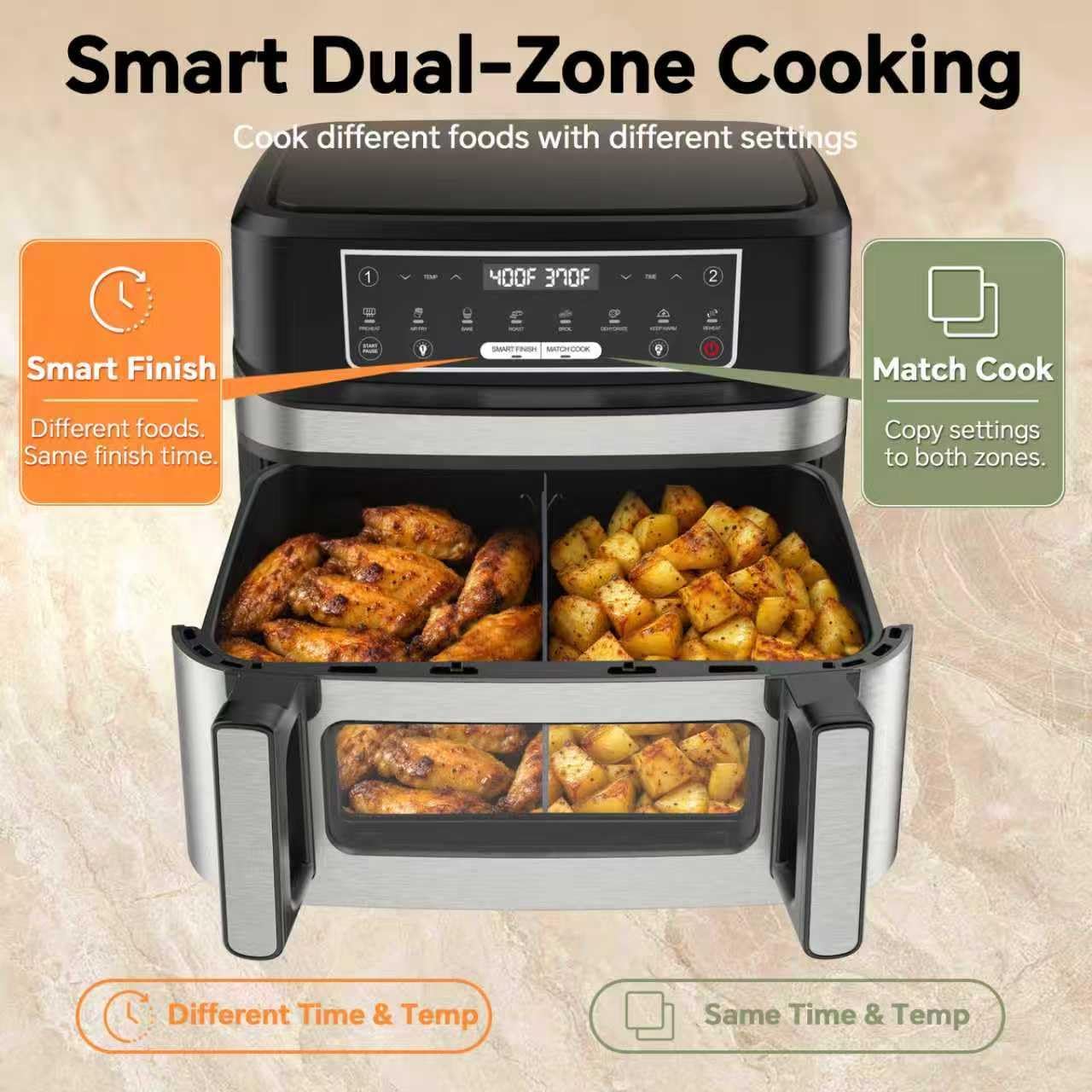 1600W Dual Zone Air Fryer Oven,12.69QT with Divider,Nonstick & Dishwasher-Safe Basket,Match Cook & Smart Finish to Roast,Recipes for Easy Cooking,Digital Touchscreen,Metal Sliver