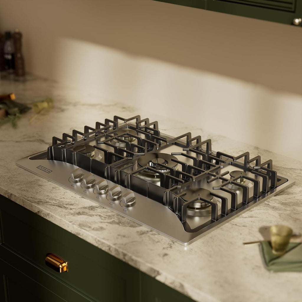 Empava Cooktop Gas 30 Inch, 5 Made in Italy SABAF Stove Burner, LPG/NG Dual Fuel Convertible, Stainless Steel, Ideal for Kitchens and RVs